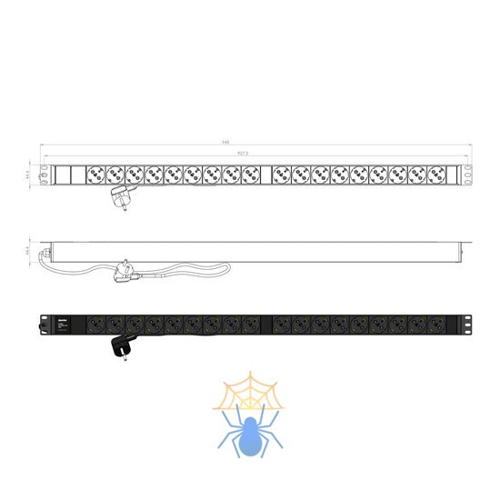 Hyperline SHE-18SH-2.5EU Блок розеток, вертикальный, 18 розеток Schuko, кабель питания 2.5м (3х1.5мм2) с вилкой Schuko 16A, 250В, 950x44.4x44.4мм (ДхШхВ), корпус алюминий, черный фото 3