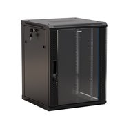 Шкаф настенный 19-дюймовый (19") 22U 1086x600х450мм стеклянная дверь с перфорацией по бокам ручка с замком цвет черный (RAL 9004) (разобранный) Hyperline TWB-2245-GP-RAL9004