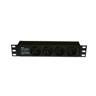 Блок розеток для 10" шкафов горизонтальный 4 розетки Schuko без кабеля питания входной разъем IEC320 C14 10A 250В 254х44.4х44.4мм (ДхШхВ) корпус алюминий черный Hyperline SHE10-4SH-IEC