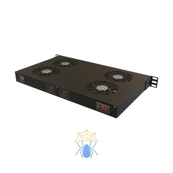 Hyperline TRFA-WB-MICR-4F-RAL9004 Модуль вентиляторный 19", 1U, глубиной 290мм, с термостатом и 4-я вентиляторами, номинальная мощность 70.40 Вт, датчик температуры с кабелем, кабель питания C13-Schuko 1.8м, цвет черный (RAL 9004) фото 2