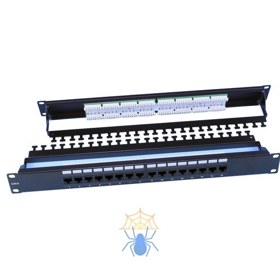 Hyperline PP3-19-16-8P8C-C6-110D Патч-панель 19", 1U, 16 портов RJ-45, категория 6, Dual IDC, ROHS, цвет черный (задний кабельный организатор в комплекте) фото