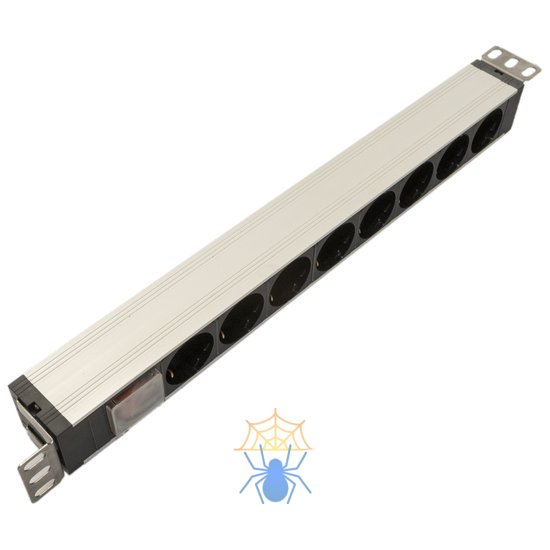 Hyperline SHZ19-8SH-S-IEC Блок розеток для 19" шкафов, горизонтальный, 8 розеток Schuko, выключатель с подсветкой, без кабеля питания, входной разъем IEC320 C14 10А, 250В, 482.6x44.4x44.4мм (ШхГхВ), корпус алюминий фото 3