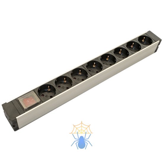 Hyperline SHZ19-8SH-S-IEC Блок розеток для 19" шкафов, горизонтальный, 8 розеток Schuko, выключатель с подсветкой, без кабеля питания, входной разъем IEC320 C14 10А, 250В, 482.6x44.4x44.4мм (ШхГхВ), корпус алюминий фото
