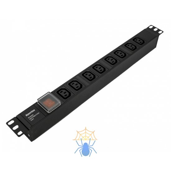 Hyperline SHE19-8IEC-S-IEC Блок розеток для 19" шкафов, горизонтальный, 8 розеток IEC320 C13, выключатель с подсветкой, без кабеля питания, входной разъем IEC320 C14 10A, 250В, 482.6x44.4x44.4мм (ШхГхВ), корпус алюминий, черный фото