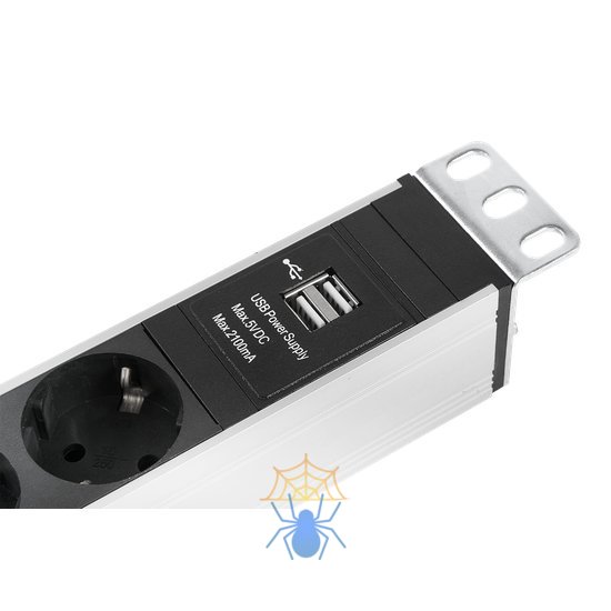 Блок розеток Rem-16 с выкл и USB-портом, 6 Schuko, 16A, алюм., 19", шнур 3 м. Rem R-16-6S-V-U-440-3 фото 4