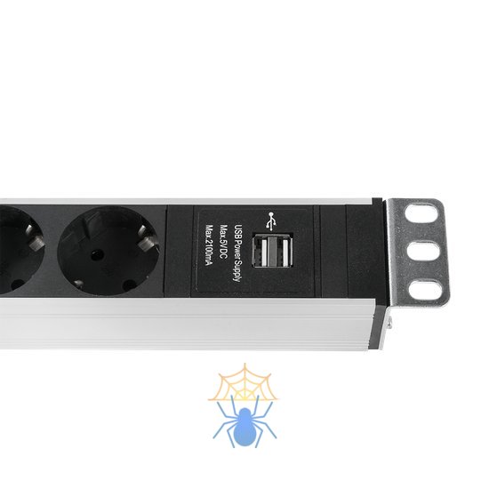 Блок розеток Rem-16 с выкл и USB-портом, 6 Schuko, 16A, алюм., 19", шнур 3 м. Rem R-16-6S-V-U-440-3 фото 6