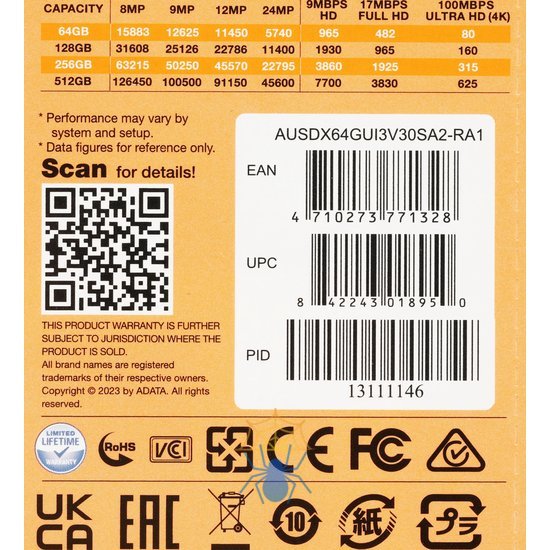 Карта памяти MICRO SDXC 64GB W/ADAP. AUSDX64GUI3V30SA2-RA1 ADATA фото 5