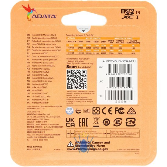 Карта памяти MICRO SDXC 64GB W/ADAP. AUSDX64GUI3V30SA2-RA1 ADATA фото 4