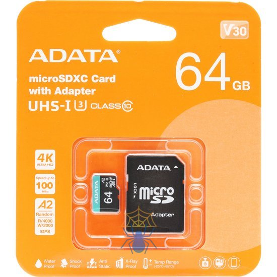 Карта памяти MICRO SDXC 64GB W/ADAP. AUSDX64GUI3V30SA2-RA1 ADATA фото 3