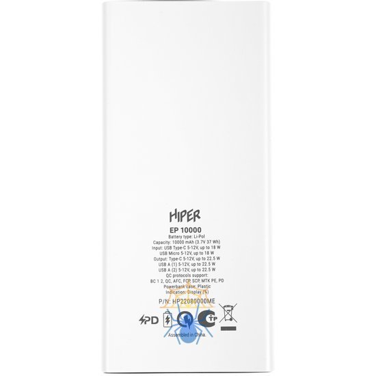 Мобильный аккумулятор Hiper EP 10000mAh QC/PD 22.5W 5A 2xUSB-A/USB-C белый (EP 10000 WHITE) фото 5